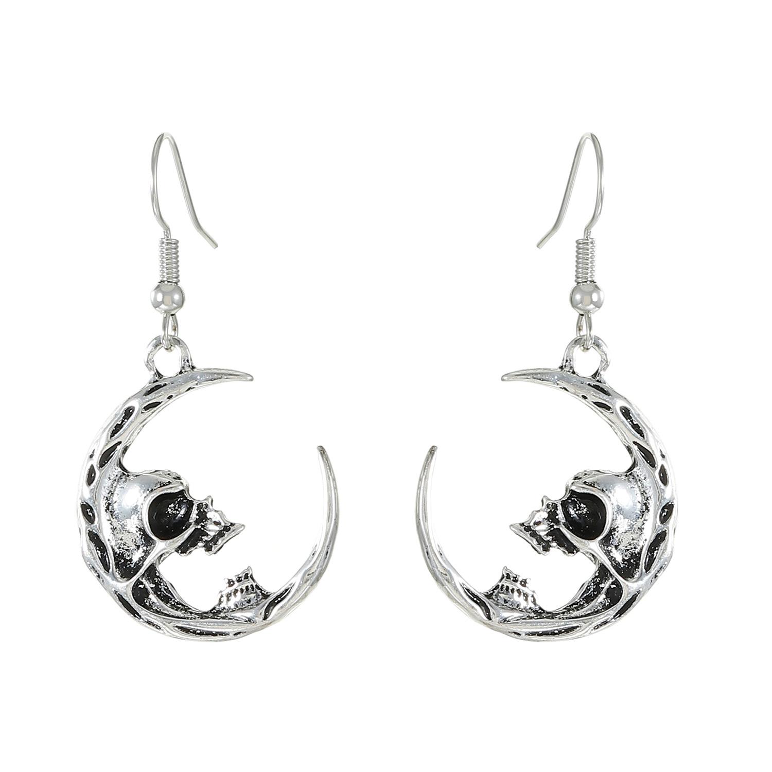 Silver Tone Skull Moon Dangle Earrings, Gothic Crescent Moon Skull Drop Earrings for Women