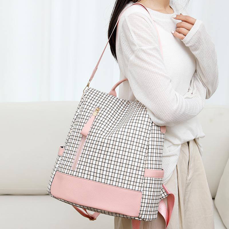 Rucsac antifurt pentru femei Geantă de umăr multifuncțională în carouri Rucsac de călătorie cu trei scopuri