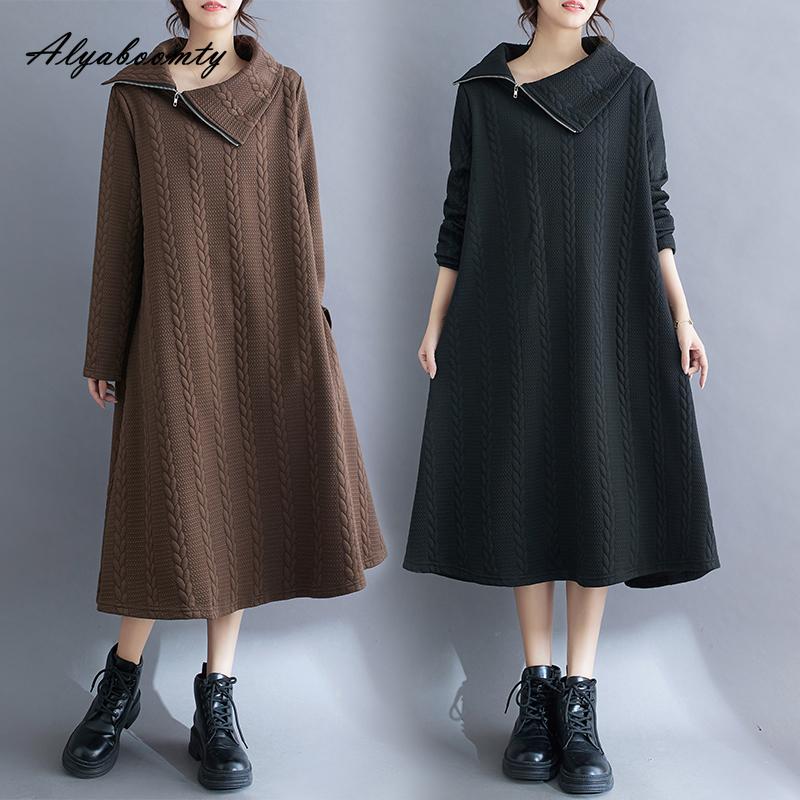 Korean Fashion Autumn Winter Women Stylish Dress Turtleneck Zipper Black Brown Casual Loose Dress Vintage Baggy All-Match Dress