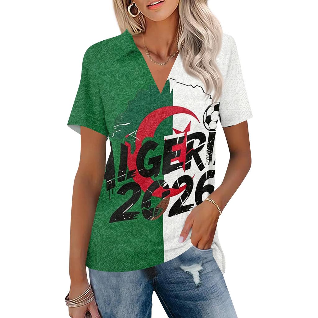 Damen Freizeit V-Ausschnitt Kurzarm Poloshirt mit Fußball-Print und Kragendesign Leichtes Sommeroberteil für den Alltag