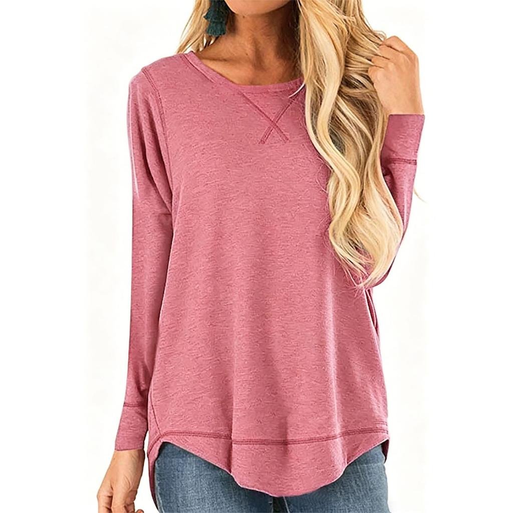 Women's Casual Long Sleeve T Shirt Loose Fit Crew Neck Irregular Hem Front Short Back Long Lightweight Pullover Top