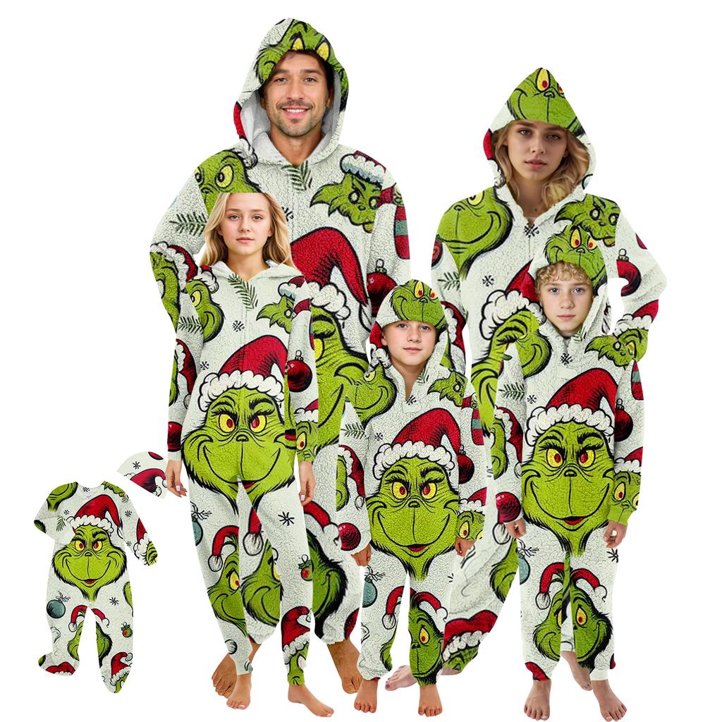 Christmas Print Family Matching Hooded Long Sleeved Zippered Jumpsuit Set