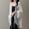 Damen Sommer Chiffon Sonnenschutz Strickjacke V-Ausschnitt Laterne Langarm Chiffon Top Durchsichtig Schnürung Unregelmäßiger Saum Schalmantel