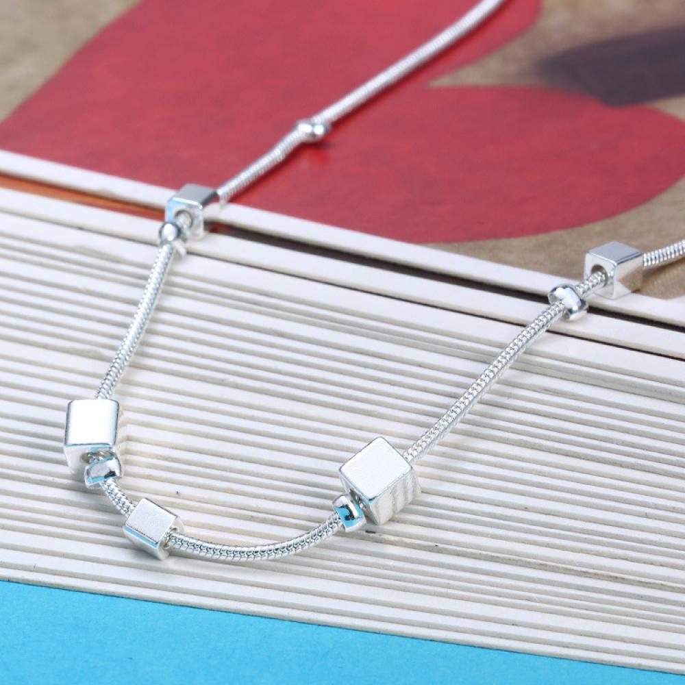 Korean Style Single Line Square Anklet for Women, Imitation Silver Elegant Fresh Summer Foot Jewelry Gift