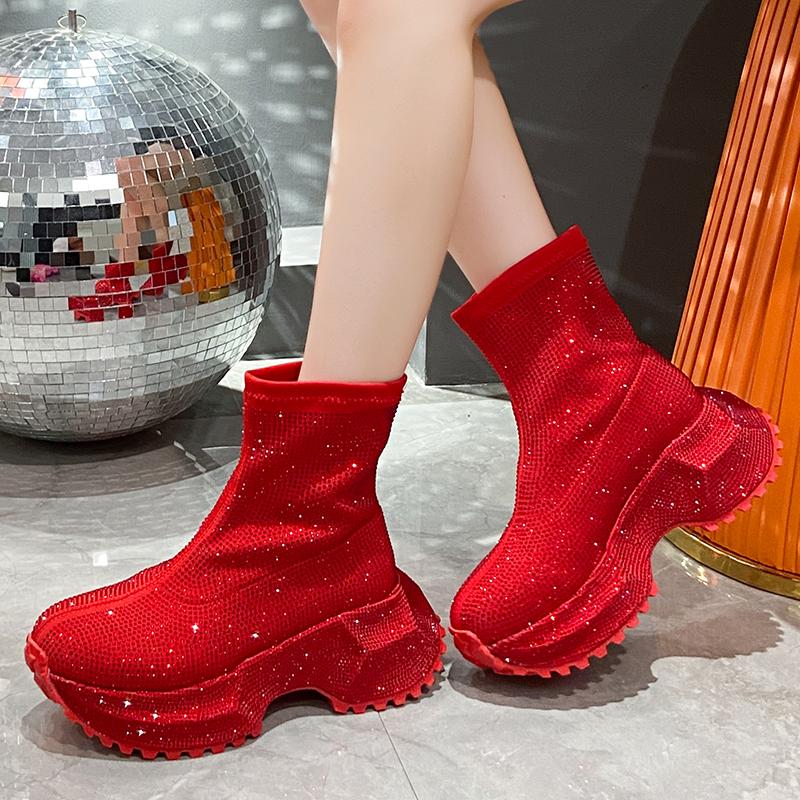 Full Drill Cover Foot Single Shoes Autumn New Round Toe Platform Sole Non-slip Wear-resistant Block Heel Boots