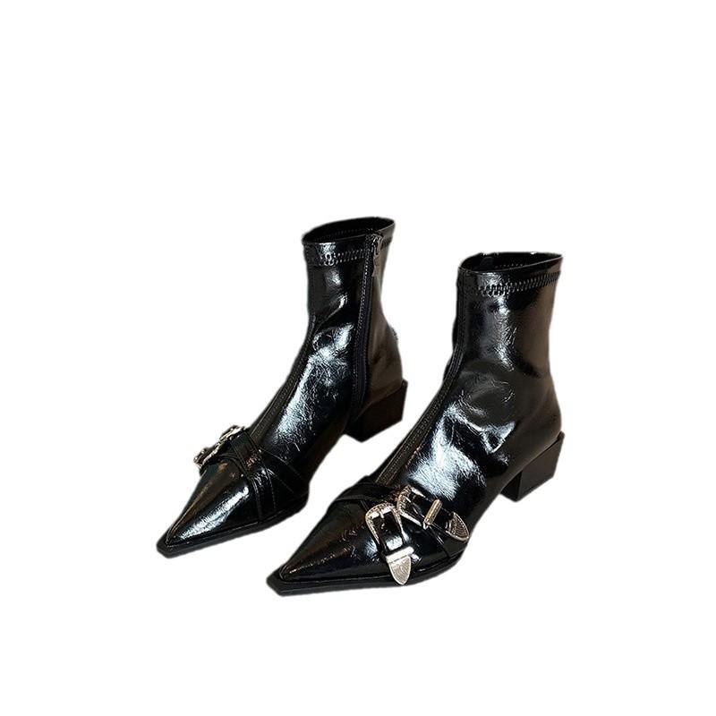 Super Královský! Fried Street Malé Krátké Kozačky Dámské 2025 Nové Sukně Černý Špičatý Podpatek Spona Pásku Lakovaná Kůže Skinny Kozačky