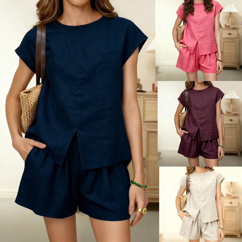 Women's Round Cap Sleeve Two Piece Short Set Solid Color Split Front Linen Blend Top Elastic Waist Wide Leg Shorts Summer Casual Outfit