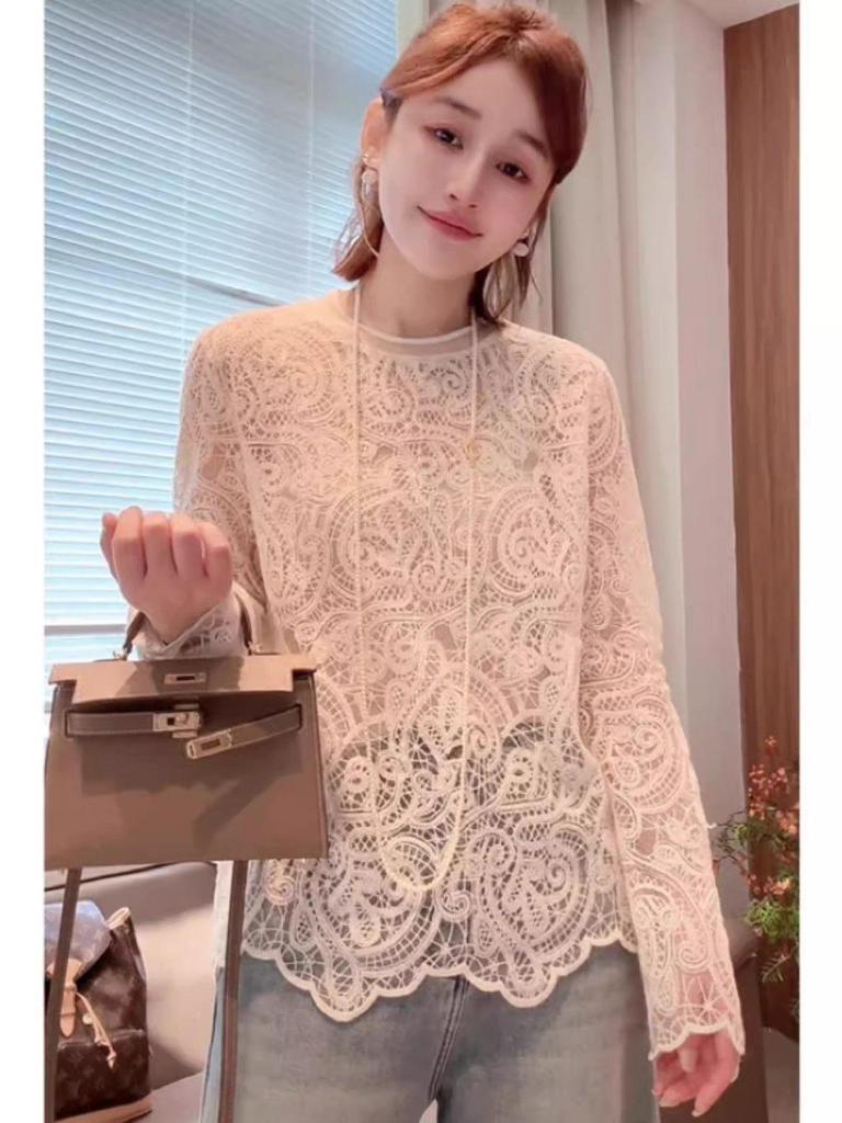 Elegant Crochet Lace Long Sleeve Layering Top for Women - Spring 2026