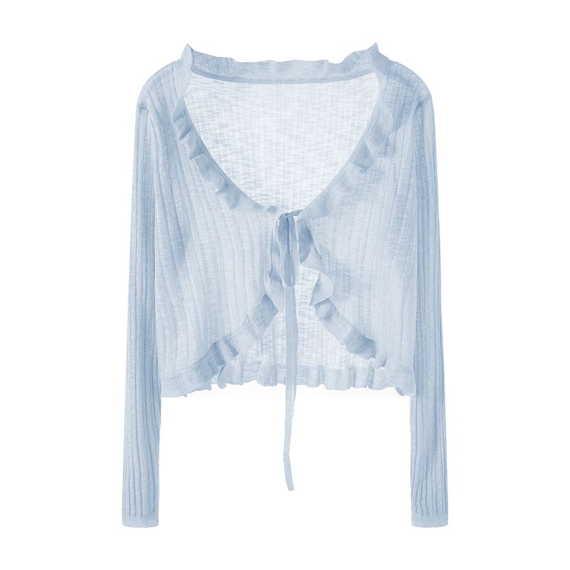 

Ice Silk Shawl Ruffles Small Coat Knitting Cardigan Blue L