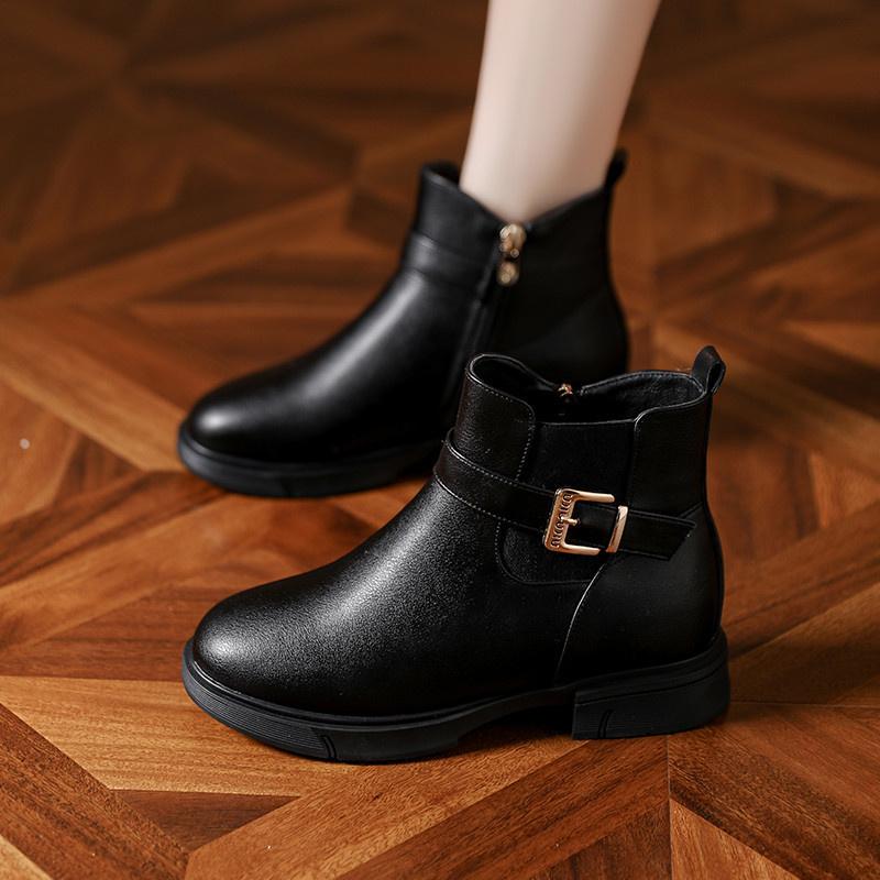 Autumn Winter Warm Thick Sole Anti-slip Lady Buckle Round Toe Solid Leather Boots Fashion Elegant Short Cotton Boots