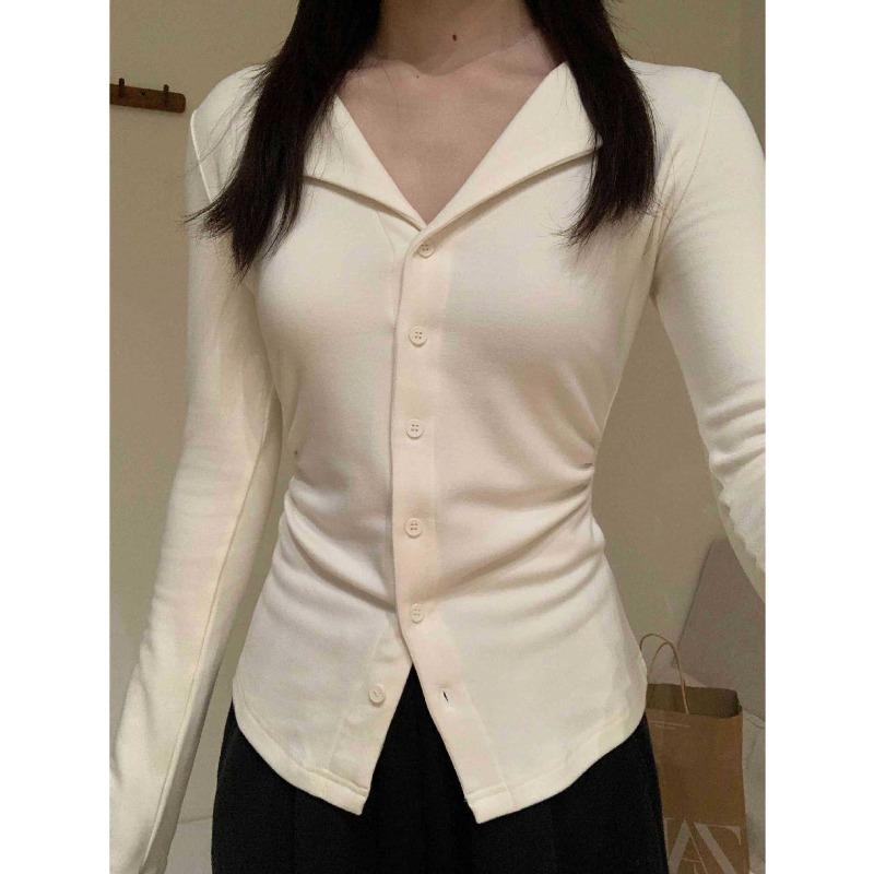Single-breasted brushed bottom shirt women's autumn and winter slim waist long sleeves inner top lapel versatile knitwear