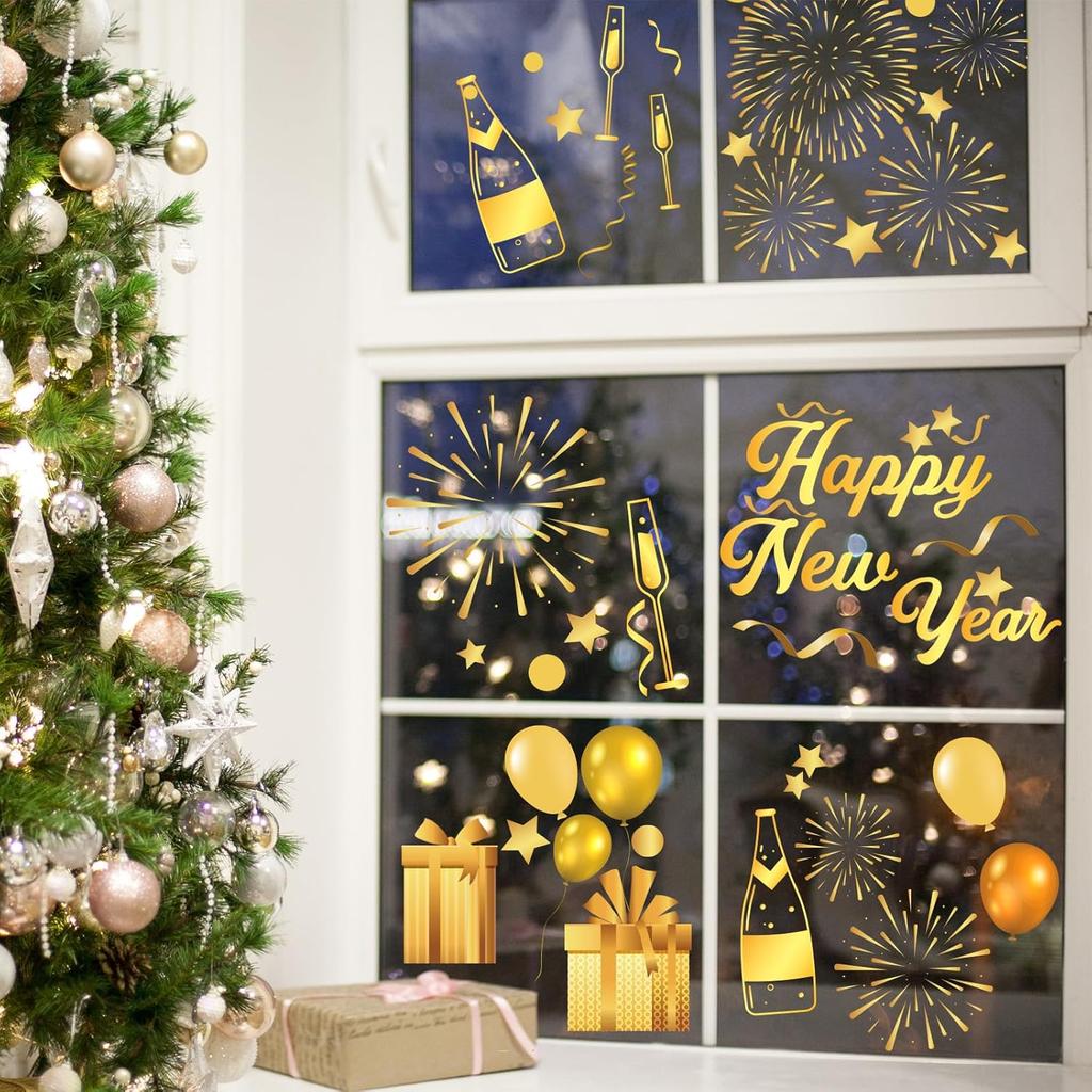 Whaline 6 Sheets New Year Window Clings New Years Eve Window Decal Champagne Firework Double-Sided Golden Yellow Window Stickers Reble for Home
