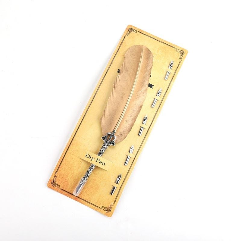 1Pc New Feather Quill Dip Pen Set with 5 Replaceable Nibs Antique Style Fountain Pen for Calligraphy Wedding Gift