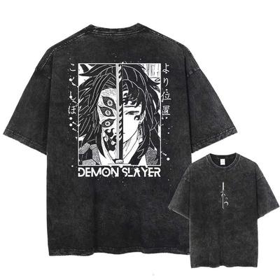 Washed T-shirt Anime Demon Slayer Blade T-shirt Men's T-shirt Retro Hip Hop Street Style Men's Style Clothing