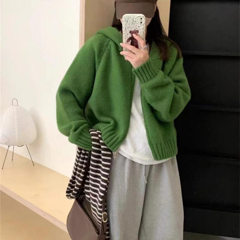 Double Zipper Hooded Knitted Cardigan Women's Autumn Lazy Style Niche Design Sense Stacked Wearing Short Chic Coat