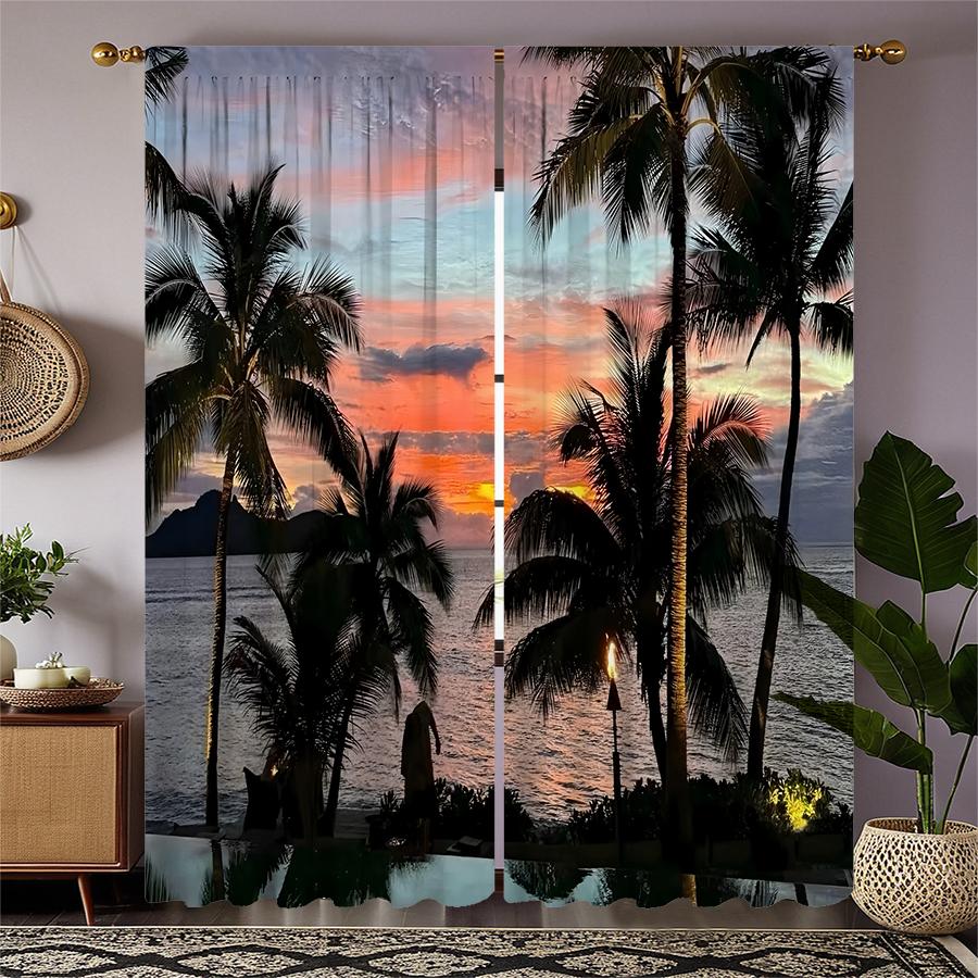 2pcs- Korean-style palm and coconut tree polyester curtains, pole bag curtains 42*84, bedroom, living room, home room decoration