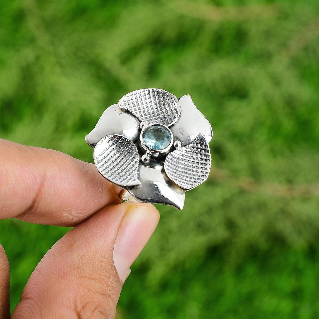 Natural Swiss Blue Topaz Statement Flower Adjustable Ring 925 Silver For Girls