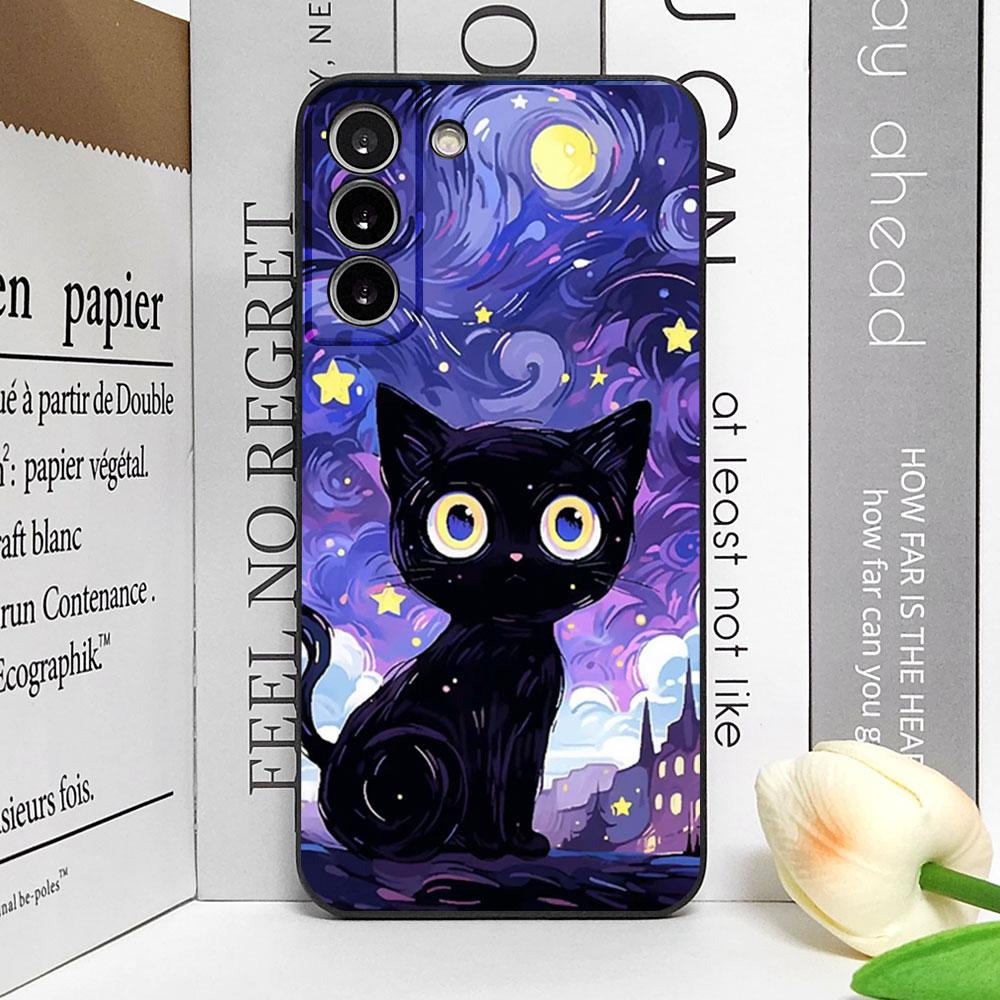 Künstlerische Schwarze Katze Sternennacht Handyhülle für Samsung S24 S23 S22 S21 S20FE Plus Ultra Cover für Samsung Galaxy S25 Edge Fundas