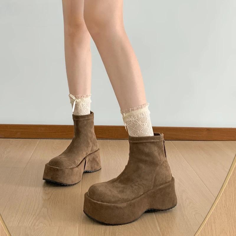 Vintage Platform Thick Sole Woman Ankle Boots Comfort Round Toe Dress Shoes Autumn Winter Slim Height Increase Short Botas