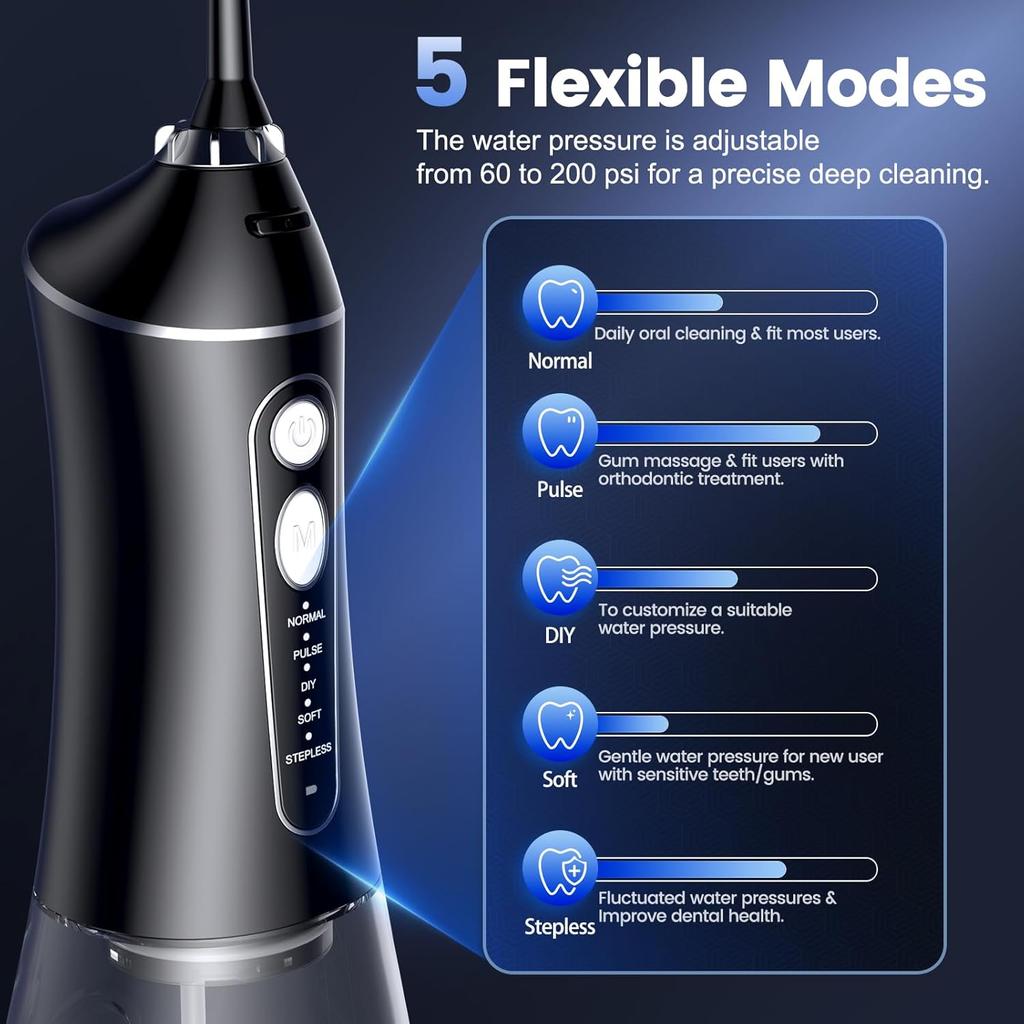 Teeth Cleaning and Flossing, 5 Modes Rechargeable Cordless Oral Water Tank Teeth Cleaner,