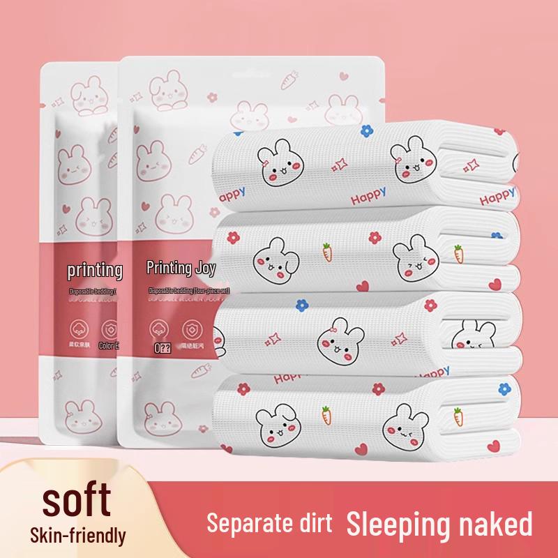 Four-Piece Disposable Bedding Set: Includes Bed Sheet, Pillowcase, and Duvet Cover for Travel and Tourism.
