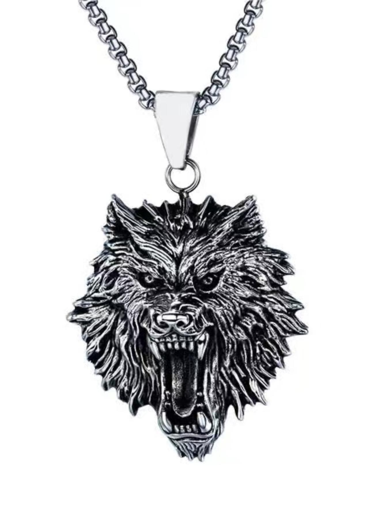 Men s Retro Wolf Head Pendant Necklace, Personalized Punk Hip Hop Animal Jewelry, Trendy Style. серебряный