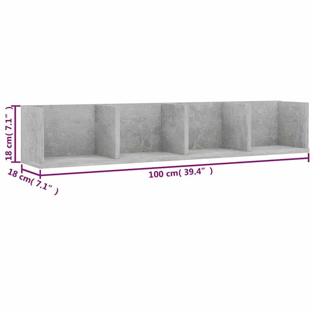vidaXL CD-Wandregal Betongrau 100x18x18 cm Holzwerkstoff