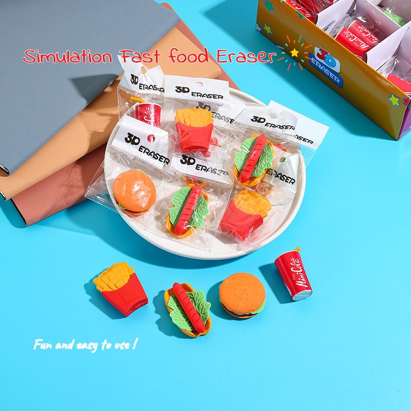 4Pcs/Lot Cute Cartoon Hamburgers French Fries Cola Student Rubber Pencil Eraser Simulation Food Eraser Kids School Supplies Gift