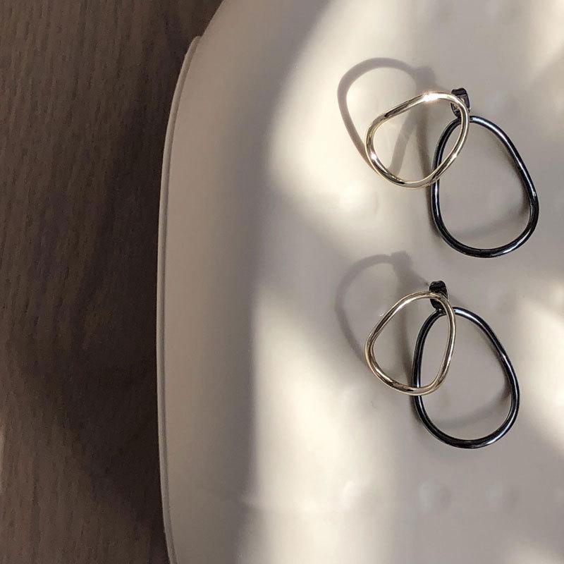 Korean Contrasting Geometric Oval Stud Earrings for Women - 925 Needle INS Trendy Style 925 Silver Needle