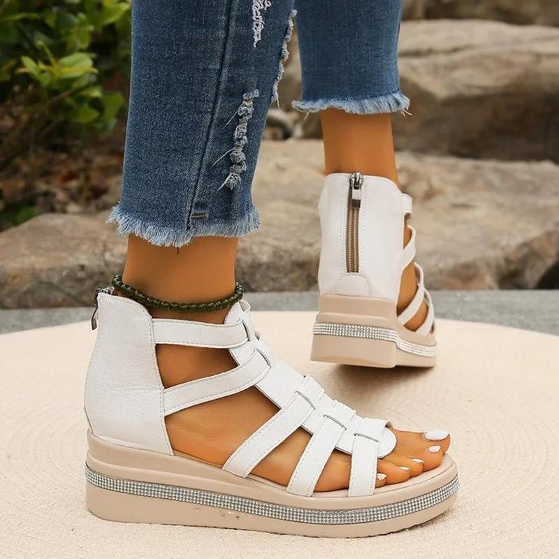 Mode Mode Kristall Keilsandalen Damen 2025 Sommer Knöchelriemen Plateau Gladiatorsandalen Frau Dicke Sohle Rutschfeste Laufschuhe