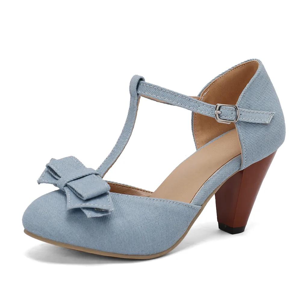 Fashion 2025 Spring Summer Girls High Heel Shoes Denim Women's Pumps T-Buckle Fashion Spike Heels High Heels for Office Party Banquet