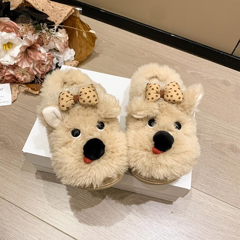 Ugly cute puppy casual fluffy shoes women's autumn and winter cute cartoon warm thick-soled slippers increase height non-slip bag head drag tide