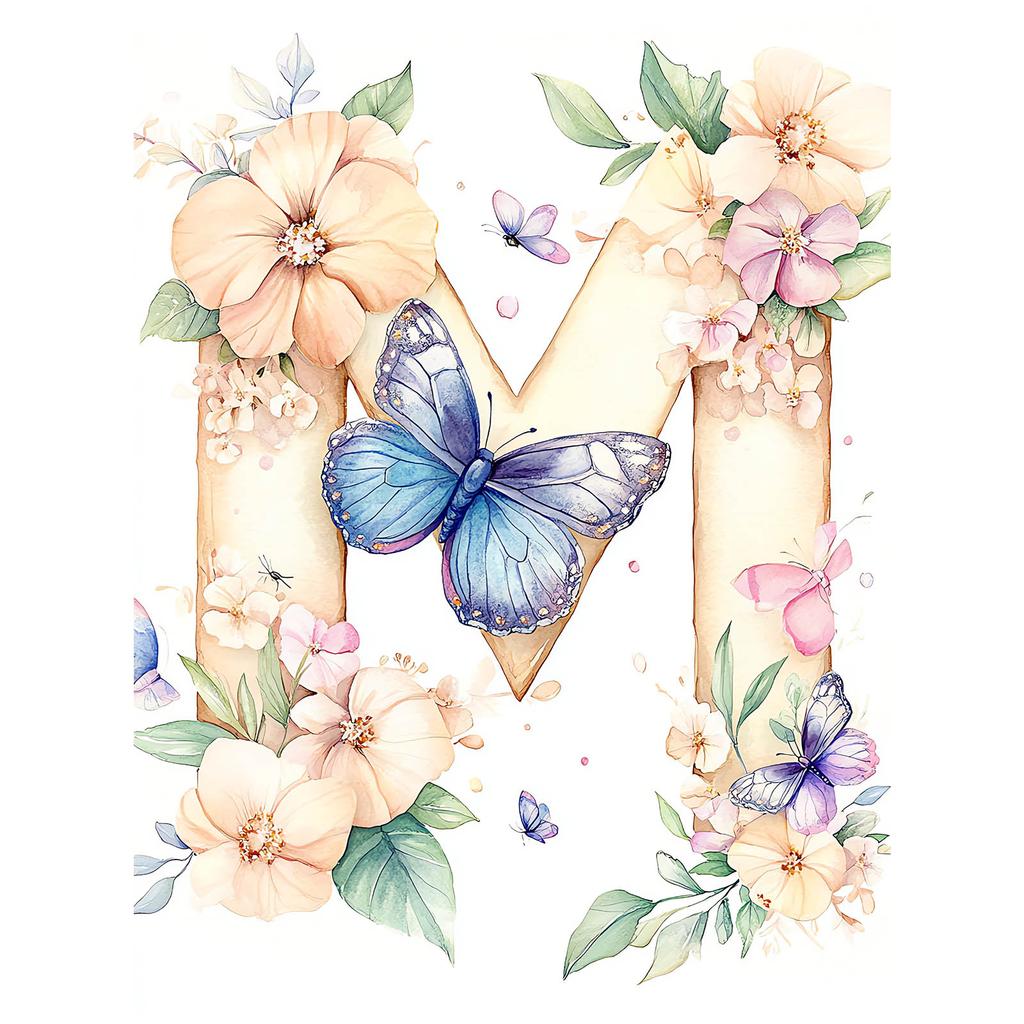 Plakat Litera M Z Kwiatami I Motylem Plakat Litera M Z Kwiatami I Motylem, 30X40 Cm, Bez Ramy, Papier Matowy 230 Gsm