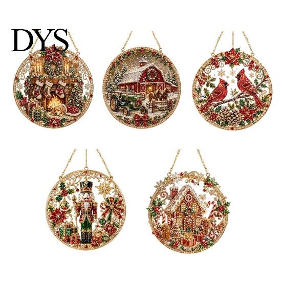 Christmas Tree Hanging Accessories Rhinestone Painting Suncatcher Kit, Round DIY Decor Plastic Baubles for Home, Craft Pendant Holiday Party