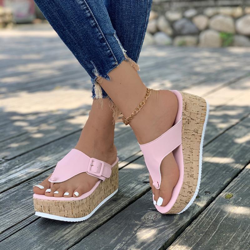 New Large-size Toe Solid Color Thick-soled Slippers Cross-border Independent Station Slope Heel Women's Buckle Fish Mouth Flip-flops