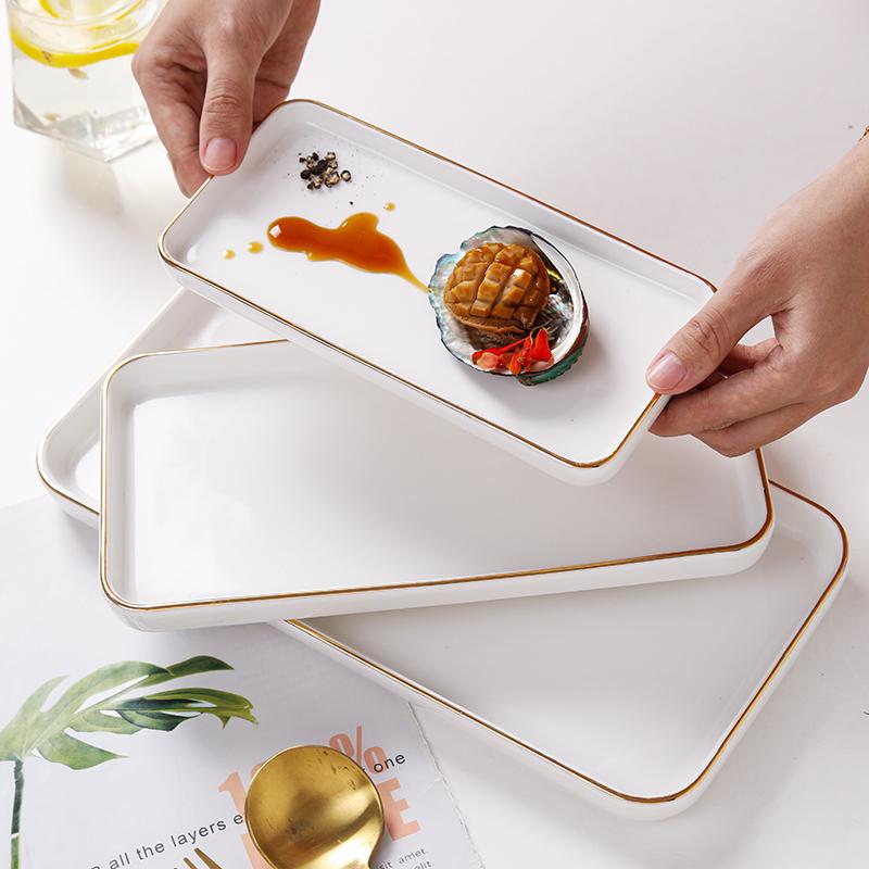 Gold-Rimmed Rectangular Ceramic Dessert and Sushi Plate