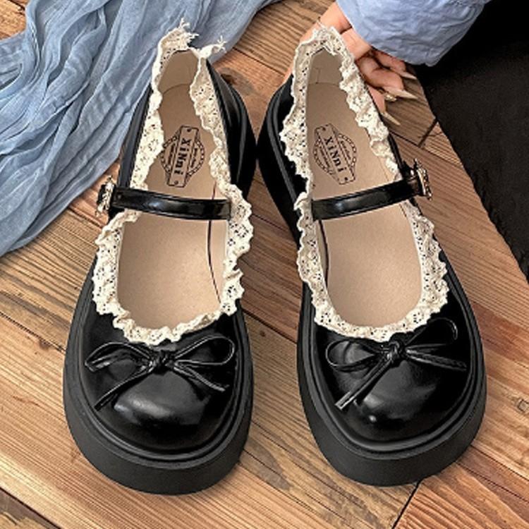 

White bow thick-soled heightening small leather shoes women s spring 2025 fashion versatile one-word buckle with Mary Jane shoes 40 чёрный