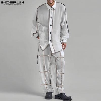 Two Pieces Men Stitching Lapel Neck Long Sleeve Shirt Long Trousers Pants Sets Outfits