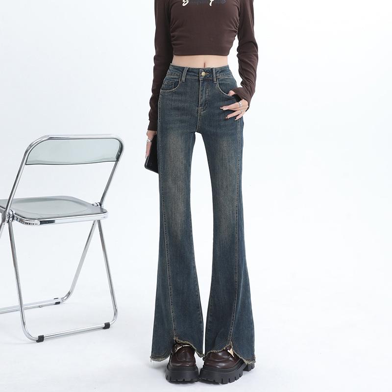 High Waist Women's Elastic Slim Fit Frayed Hem Micro Flare Jeans - European Spring Style