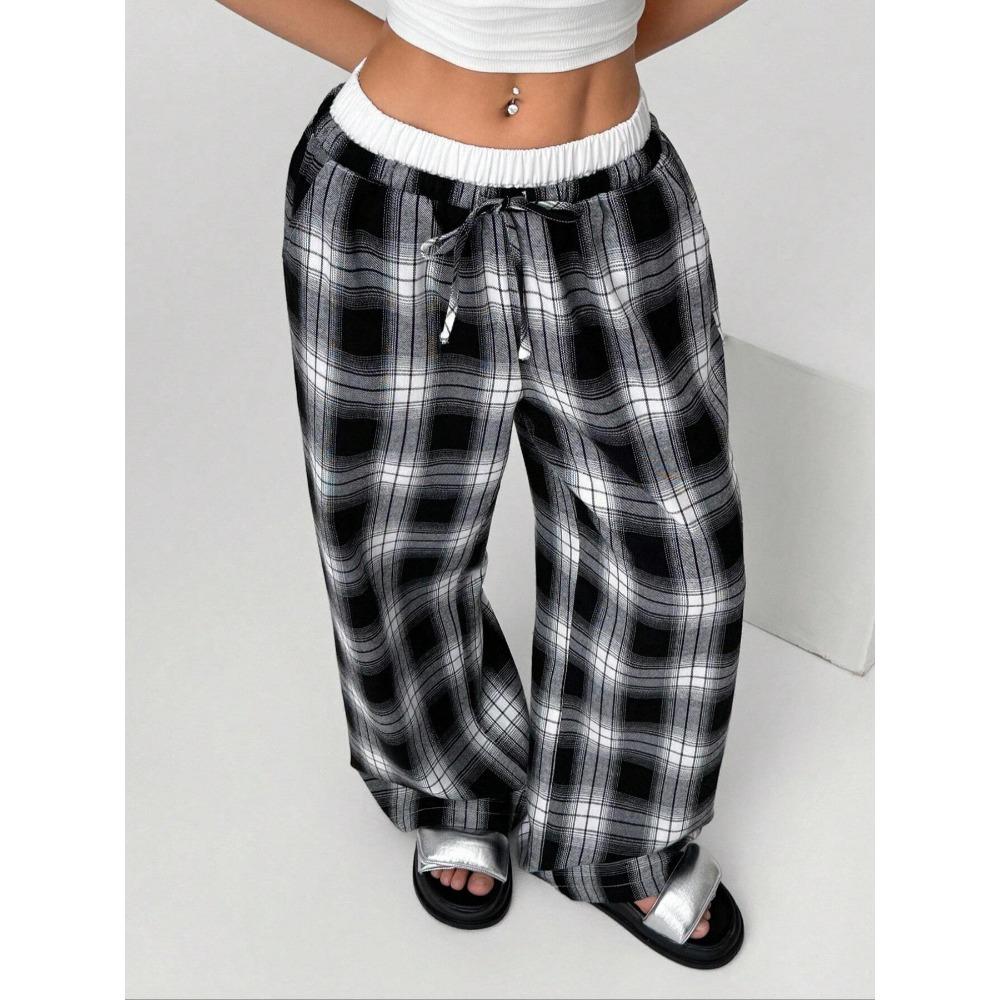 2025 New Amazon European and American Cross-border Women's Fashion Stripe Plaid Insert Color Loose Wide Leg Pants Casual Pants