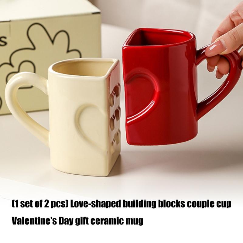 2-pack Hjärta Pussel Design Keramiska Muggar Bekvämt Handtag Kaffekopp för Par Romantiker Alla Hjärtans Dag Present