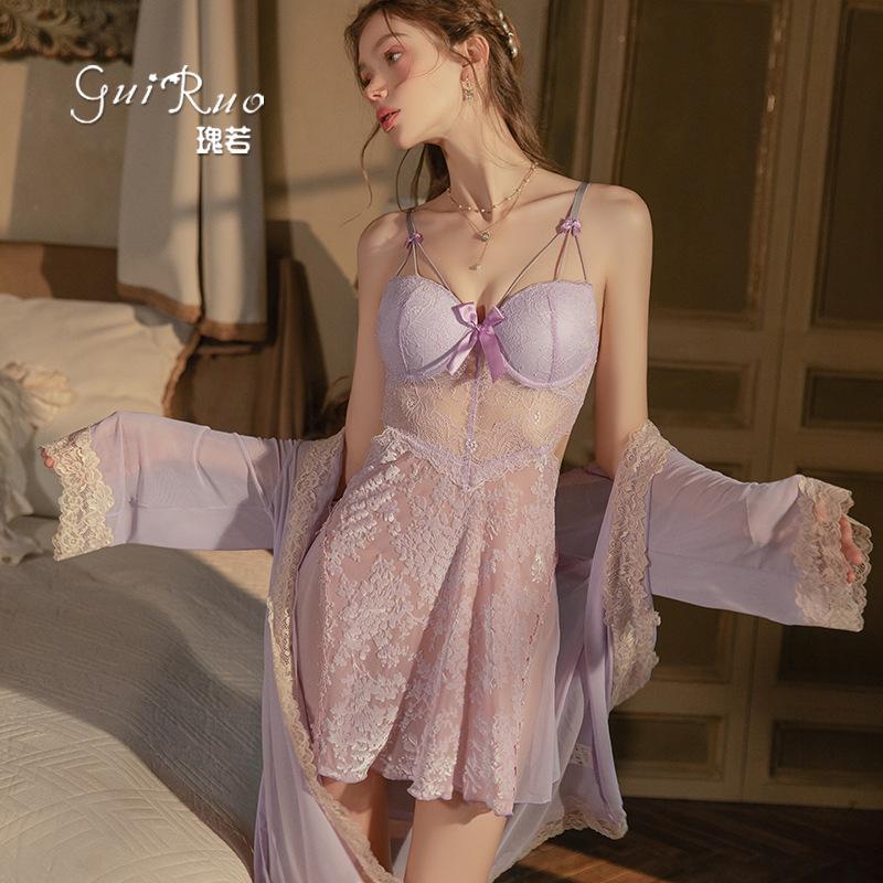 Women's Velvet Mesh Cutout Underwire Push Up Padded Sleep Dress with Robe Lounge Set
