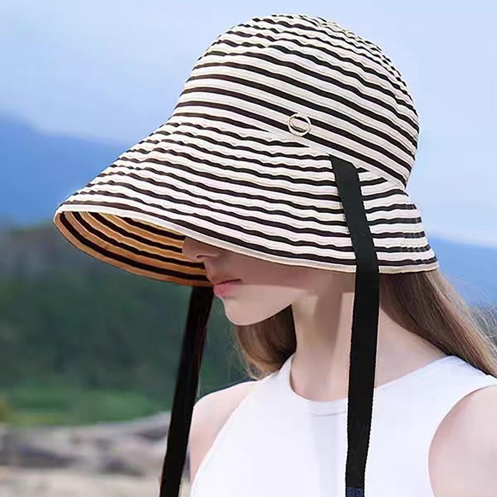 Retro Striped Lace-up Fisherman Hats For Women Summer UV Protection Bucket Hat Casual Outdoor Female Wide Brim Panama Basin Cap