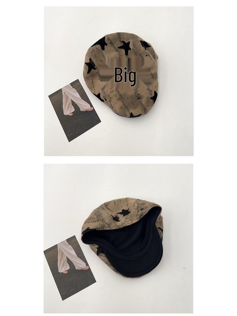 Korean Style Women's Versatile Distressed Star Newsboy Cap, Reversible Trendy Beret for Large Head Circumference