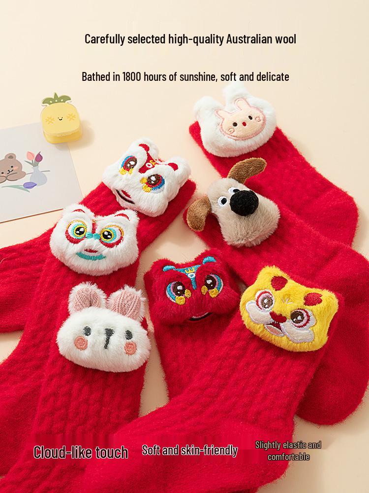 Baby Big Red Velvet Thickened Mid-Calf Socks for 0-6 Months, Autumn/Winter New Year Style