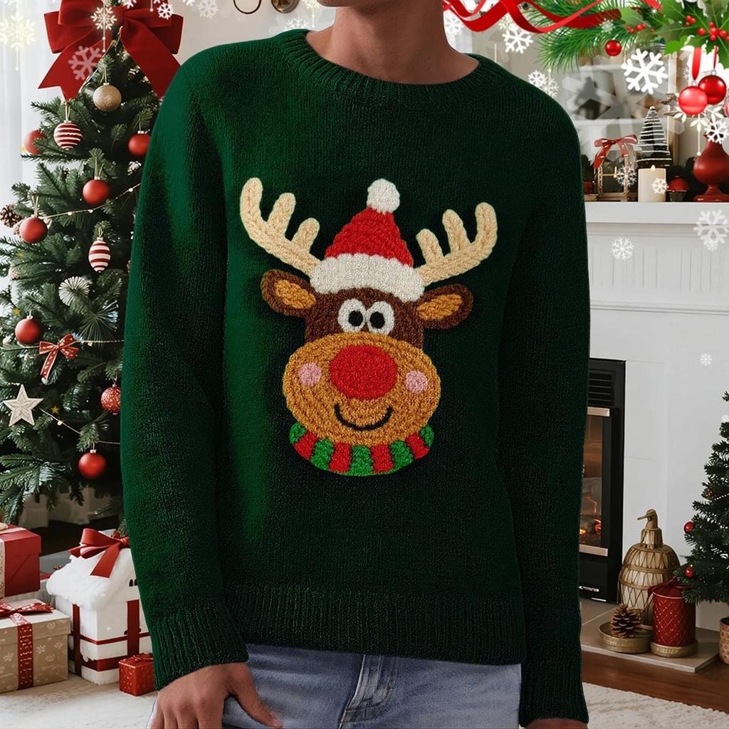 Women's Fashion Christmas Print Pullover Long-Sleeve  Neck Knit Sweater Top