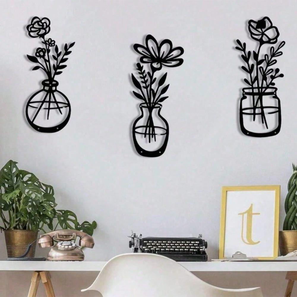 1/3pcs Black Metal Flower Vase Wall Art Modern Home Decor for Living Room Bedroom