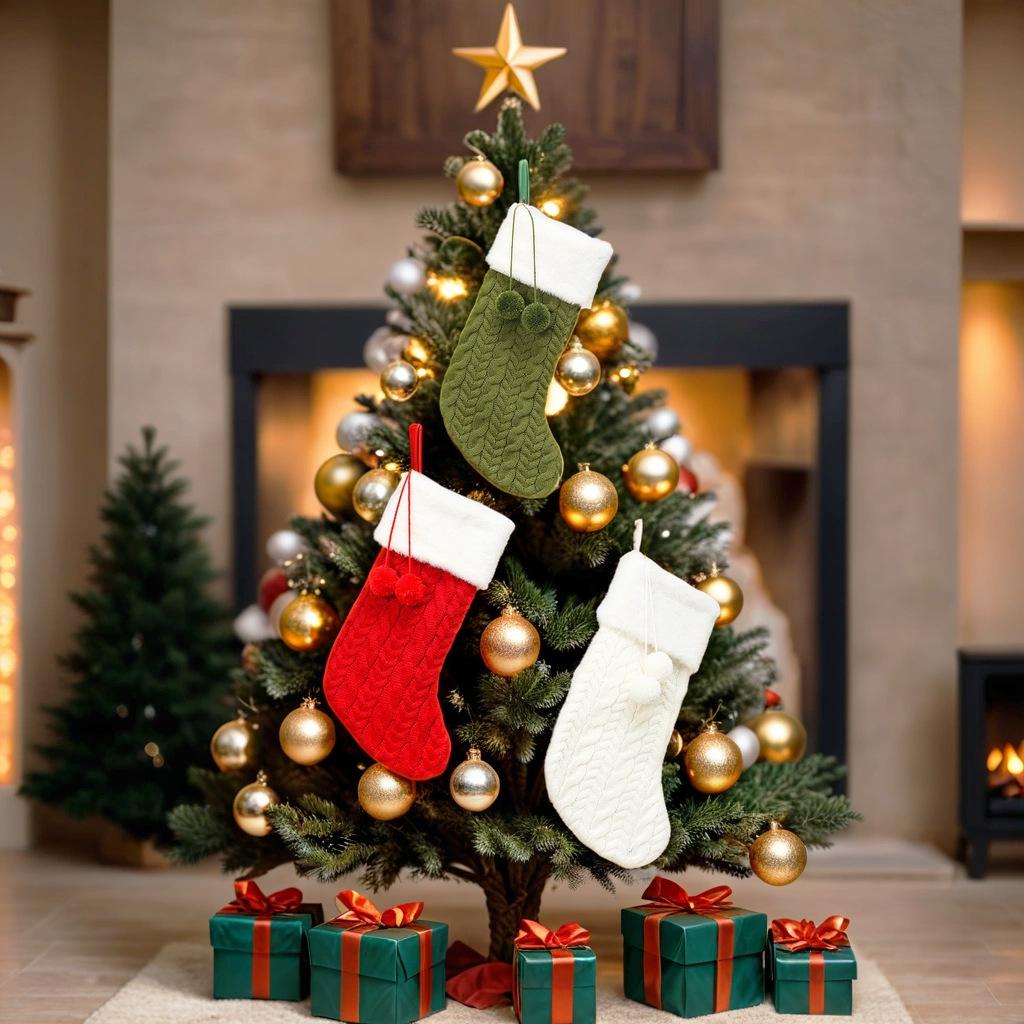 Large Cross-border Pom-pom Christmas Stockings Gift and Candy Bag for Home Decoration