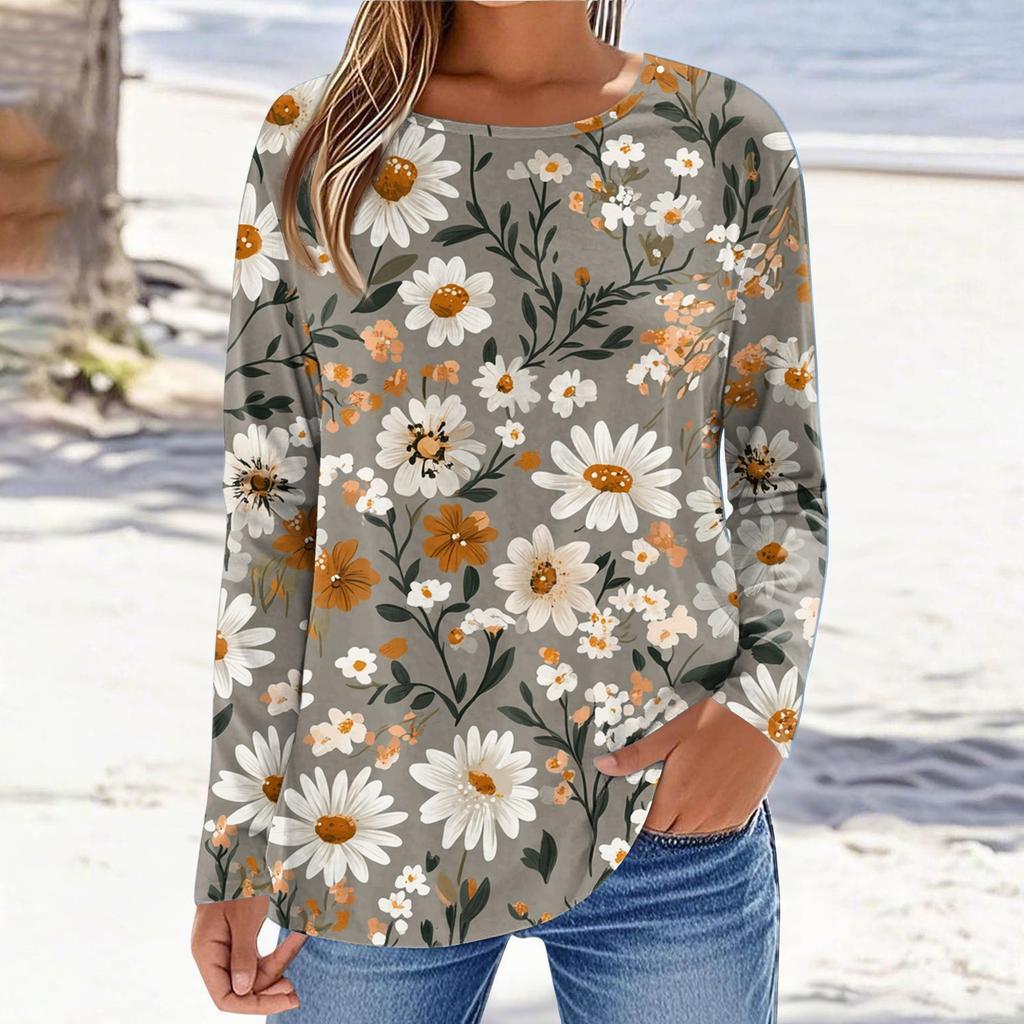 Women's Fashionable Casual Printed Long Sleeved Round Neck Top Round Neck Top Top