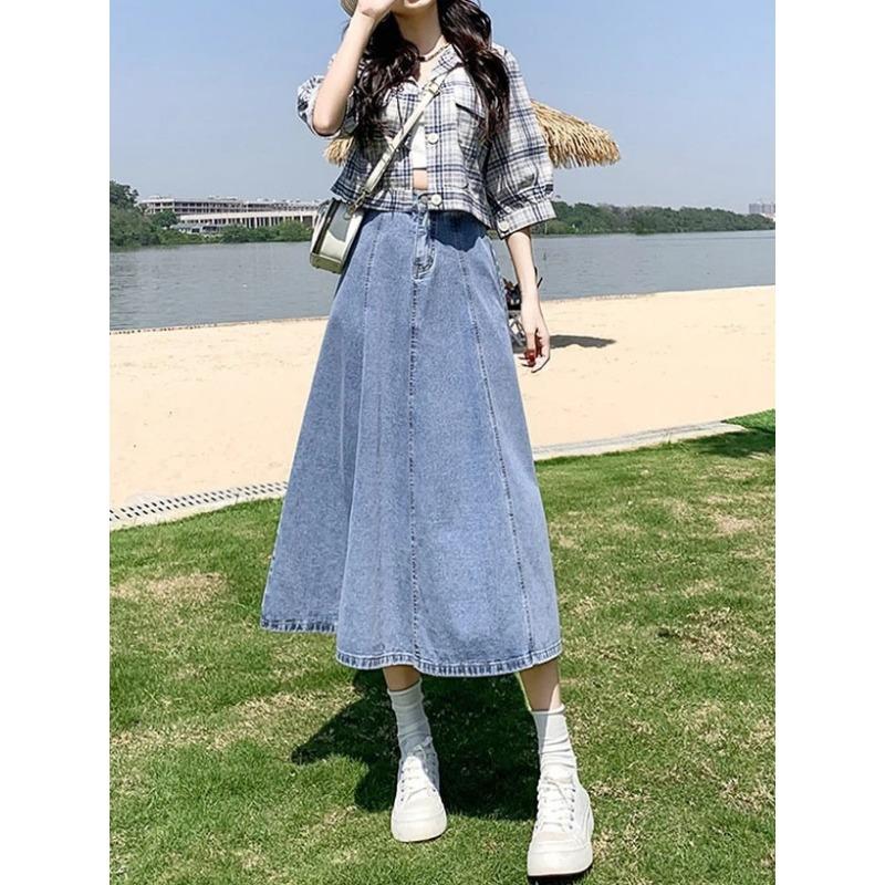 Women High Waist Denim Maxi Skirt A Line Flared Design Casual Long Jean Skirt